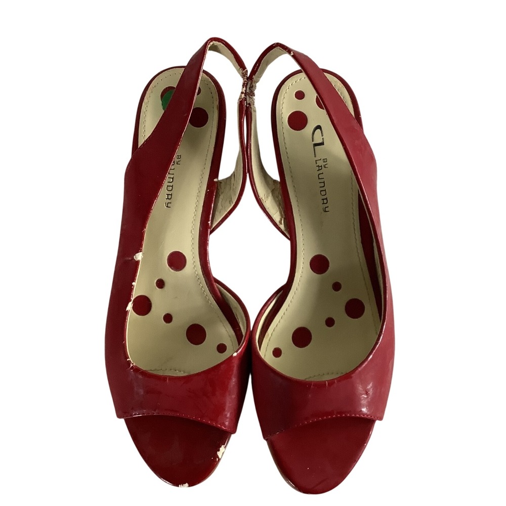 CL by Laundry Barbee Red Patent Peep Toe Slingback Wedge Sandals Womens 10M